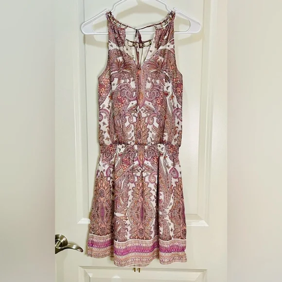 White House Black Market Pink Paisley Dress Beaded Neck Halter Lined XXS - Picture 10 of 13